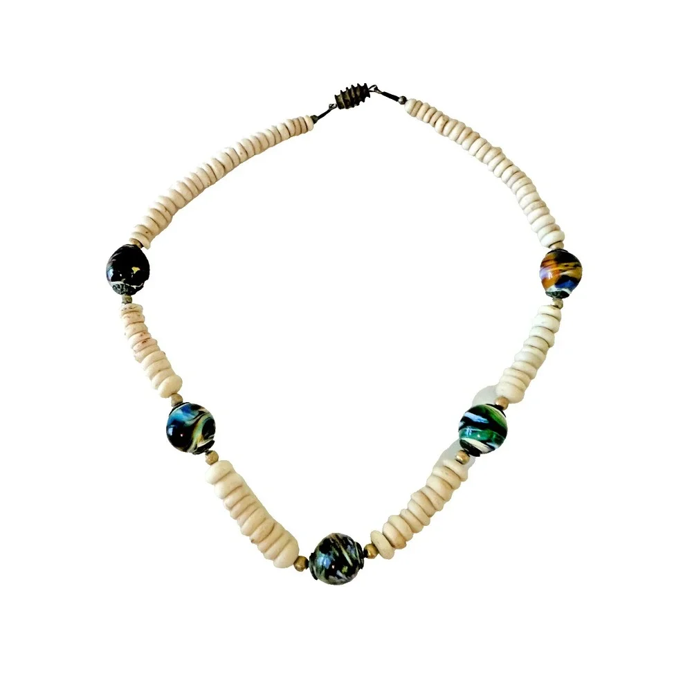 Necklace Murano Bead Swirl Multicolor‎ Off White Stones Chunky Barrel Clasp VTG